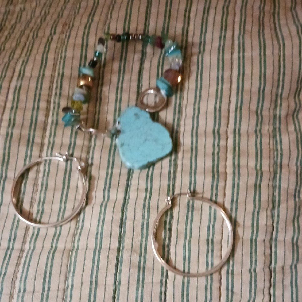 Turquoise Heart Pendant Necklace and Silver Hoop Earrings Set